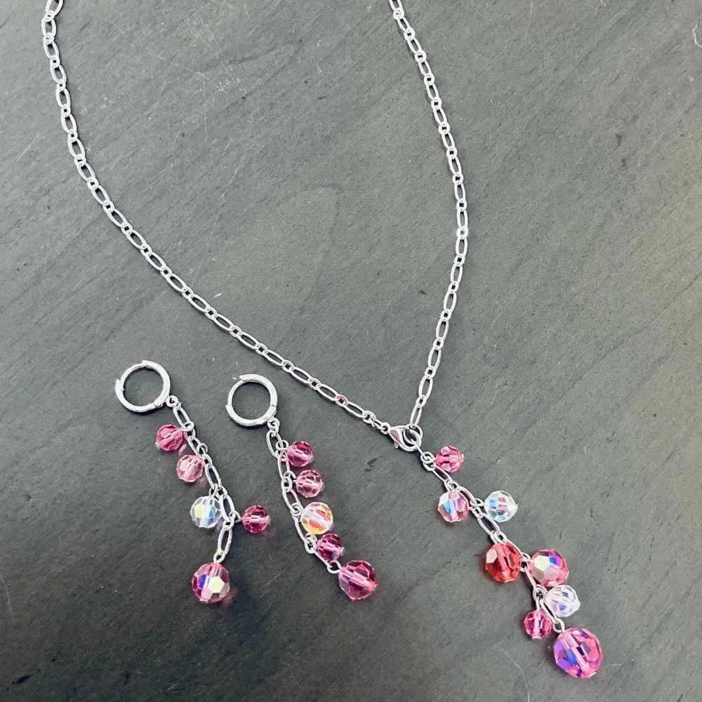 Pink Beaded Silver Chain Earrings Necklace Set